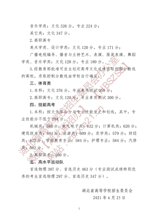 关于湖北省2021年普通高校招生录取控制分数线的通知(图2)